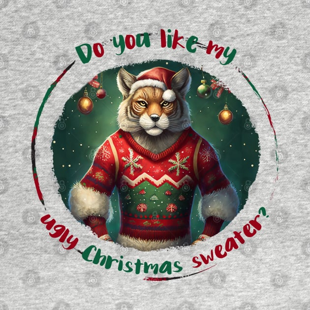Ugly Christmas sweater: Festive tiger-man in winter wonderland wearing a sweater with a Christmas tree and ornaments by WitchDesign